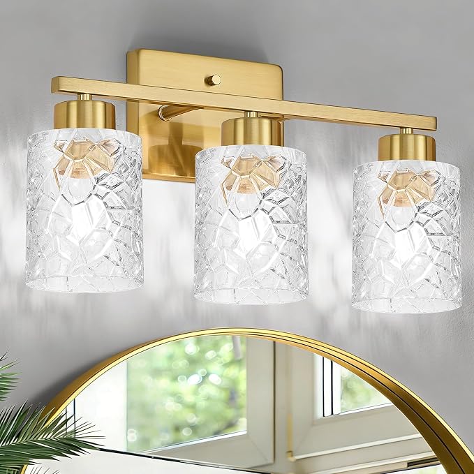 3-Light Bathroom Light Fixtures, Brushed Gold Vanity Lights Over Mirror | Wall Sconces with Clear Textured Glass Shades for Living Room Bedroom Hallway,E26 Base (Bulbs Not Included)
