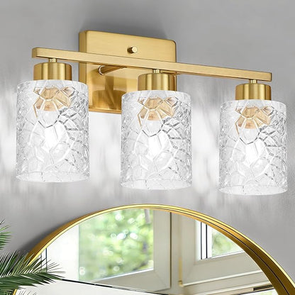 3-Light Bathroom Light Fixtures, Brushed Gold Vanity Lights Over Mirror | Wall Sconces with Clear Textured Glass Shades for Living Room Bedroom Hallway,E26 Base (Bulbs Not Included)