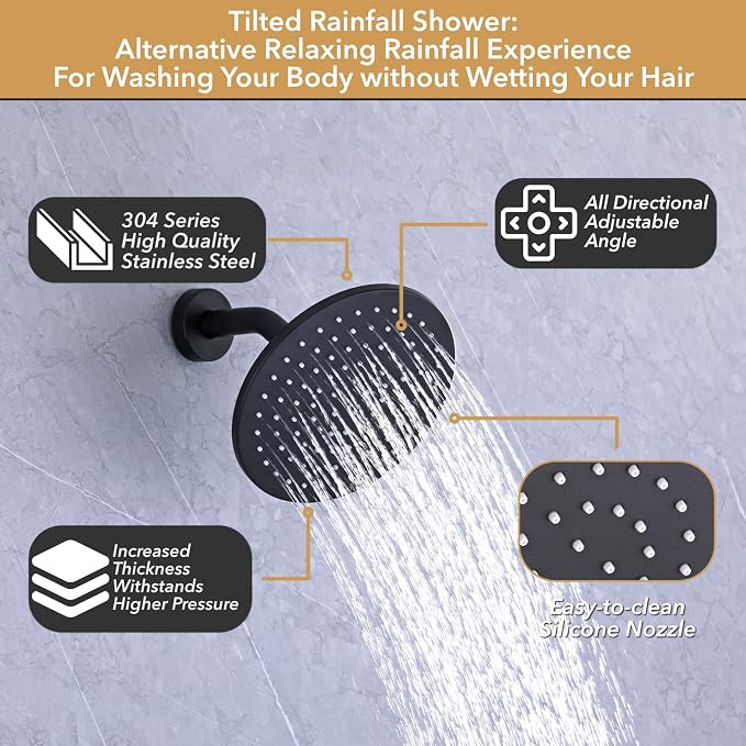 VANFOXLE Shower Faucet Set Matte Black Shower System, Push Button Diverter | 8 Inch Wall Mount Head, 2-in-1 Handheld Sprayer, 9 Inch Bathtub Waterfall Spout, Solid Brass Valve, Rust Resistant
