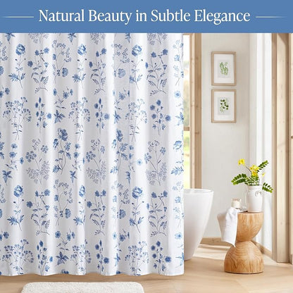 Martha Stewart Cotton Floral Extra Long Shower Curtain, 72 x 72, Blue | Martha's Garden Series, Botanical Floral Print, Spa Quality Modern, Machine Washable, Modern Bathroom Curtains