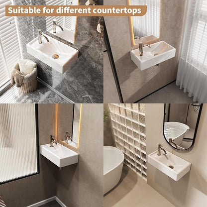 Wall Mount Bathroom Sink, Rectangular, 16" x 9", Left | Porcelain Ceramic, Floating Design, Deep Basin, High-Efficiency Drain, 9"D x 16.1"W x 3.9"H, Easy Clean, Space-Saving