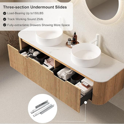 60" Bathroom Vanity with Double Sink, Floating Bathroom Vanities with Ultra-Thin Ceramic Basin and Marble Top, 2 Large Soft-Closing Storage Drawers, Pre-Assembled Cabinet, Nature Wood