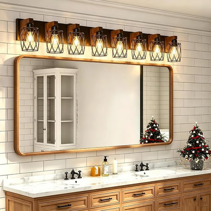 RVONOW 8-Light Farmhouse Bathroom Light Fixtures with Metal Shade | Rustic Bathroom Vanity Light with E26 Base for Bedroom Living Room Hallway, Black