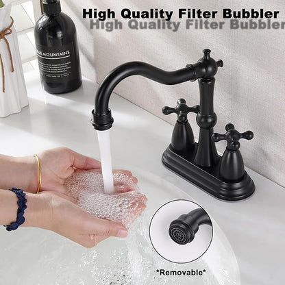 Matte Black Bathroom Faucet Antique, 4 Inch Centerset Bathroom Faucet 3 Hole, Stainless Steel Antique Bathroom Faucet Lavatory Faucet with Pop Up Drain Assembly and Supply Hose, SE-0038-BK