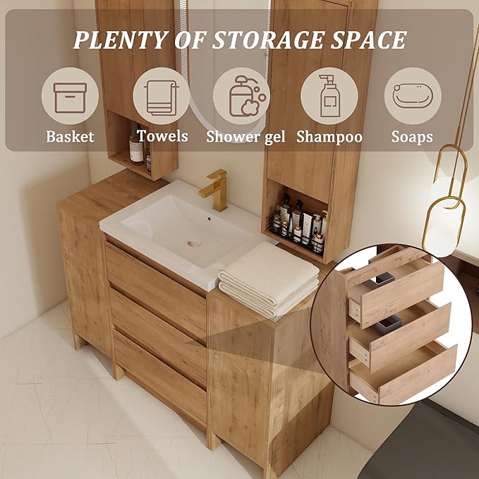 48" Bathroom Vanity Set, 48 Inch Modern Freestanding Vanity with 3 Drawers and 2 Wall-Mounted Side Cabinet, Single Resin Sink Floor Stand Cabinet Set Imitative Oak