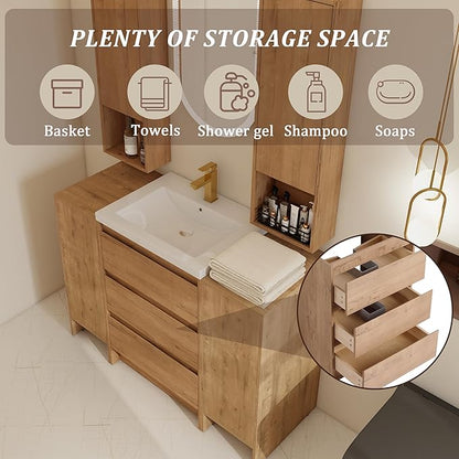 48" Bathroom Vanity Set, 48 Inch Modern Freestanding Vanity with 3 Drawers and 2 Wall-Mounted Side Cabinet, Single Resin Sink Floor Stand Cabinet Set Imitative Oak