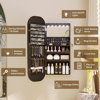 LVSOMT LED Mirror Jewelry Cabinet, Wall/Door Jewelry Organizer, 16" W Black | Lockable Jewelry Armoire with Full Length Mirror, 65 Ring and 108 Earring Slots, Foldable Shelf, Rounded Corner