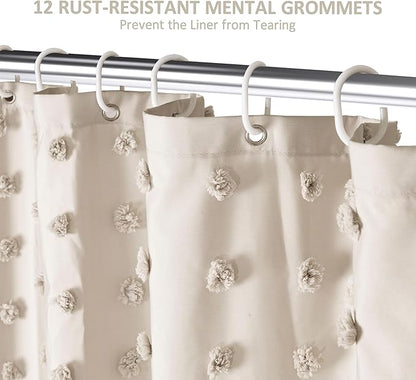 Extra Long Boho Farmhouse Shower Curtain Woven Fabric Natural Shower Curtain, 72 x 78 Tufted Pleat Floral Puffs Textured Modern Farmhouse Minimalist Shower Curtain Set with Hooks for Bathroom