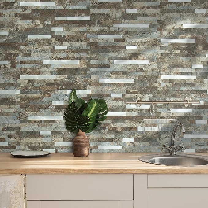 AULIGET 2 Sheets Beige & Brown Slate Peel and Stick Backsplash, PVC Mixed Metal Silver Wall Tile Stick on Backsplash for Kitchen and Bathroom