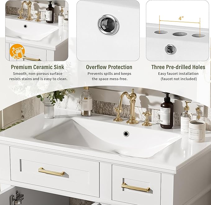 Favfurish 30" Bathroom Vanity with Ceramic Sink, Modern Storage Cabinet with Soft-Close Doors,Deep Drawer & Standard Drawer, Stylish Bath Vanity for Small Bathroom,Easy Assembly,White