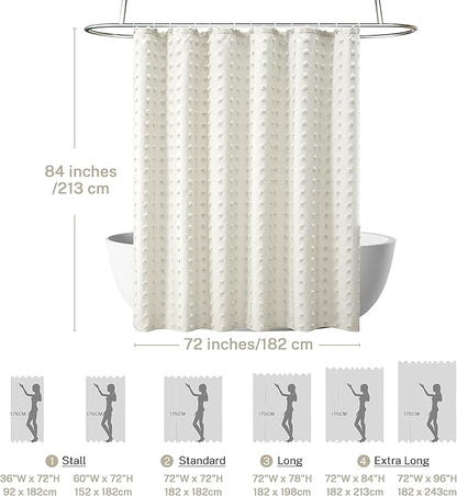 Extra Long Boho Farmhouse Cream Shower Curtain Woven Fabric 84 Inch Ivory Shower Curtain, 72 x 84 Tufted Pleat Floral Puffs Textured Modern Minimalist Ivory Shower Curtain Set with Hooks for Bathroom