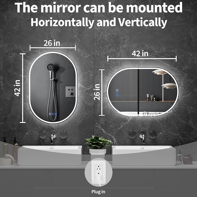 Oval LED Bathroom Mirror, 26"x 42" Frameless Lighted Mirror | LED Mirror with Front Light & Backlit, Anti-Fog, Dimmable Wall Mounted Lighted Mirror, Pill-Shaped Smart Bathroom Mirror