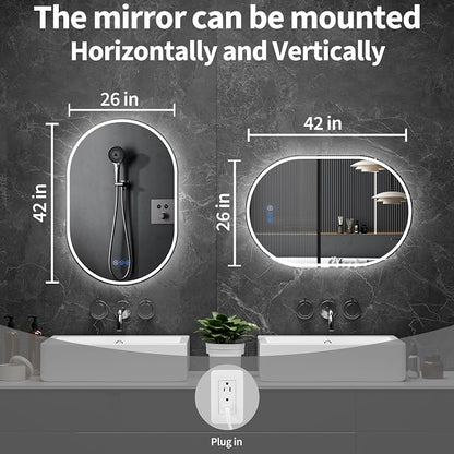 Oval LED Bathroom Mirror, 26"x 42" Frameless Lighted Mirror | LED Mirror with Front Light & Backlit, Anti-Fog, Dimmable Wall Mounted Lighted Mirror, Pill-Shaped Smart Bathroom Mirror