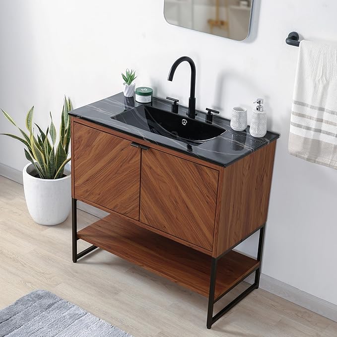 JONATHAN Y VAN1015B Juhl 35 in. W x 18 in. D x 33 in. H Chevron-Front Modern Minimalist 2-Shelf Bathroom Vanity Cabinet Only with Soft Closing Doors (Sink Basin Not Included), Walnut