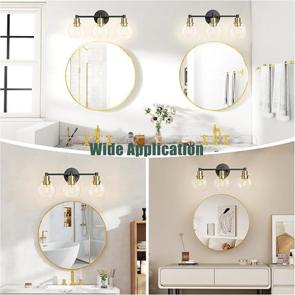 3 Light Bathroom Light Fixtures, Black and Gold Bathroom Vanity Lights, Modern Vanity Lights 3-Light Globe Bathroom Vanity Lighting Fixture Over Mirror