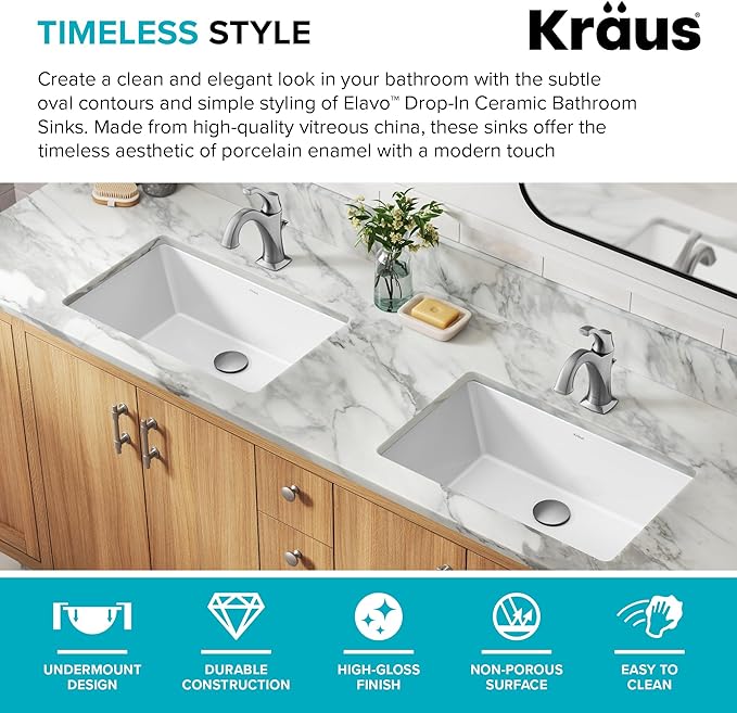 KRAUS Elavo 21.125 in. Rectangular Porcelain Ceramic Undermount Bathroom Sink in White with Overflow Drain, KCU-242