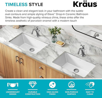 KRAUS Elavo 21.125 in. Rectangular Porcelain Ceramic Undermount Bathroom Sink in White with Overflow Drain, KCU-242