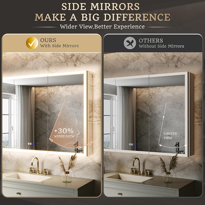 48x32 Lighted Medicine Cabinet, Separate Front & Back Lights | Surface/Recessed LED Medicine Cabinet for Bathroom with Side Mirrors, Dimmable Light, Anti-Fog, Memory,Silver Aluminum Frame