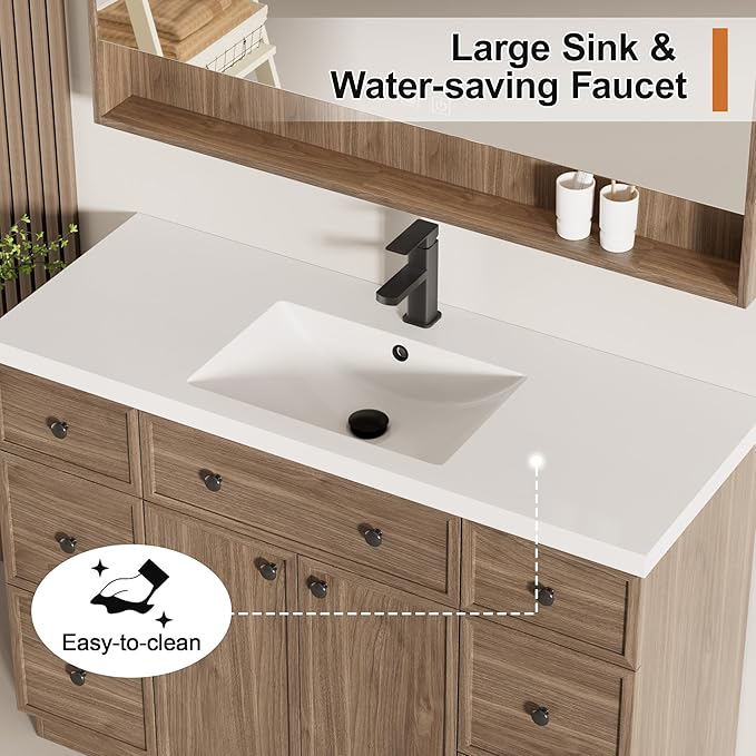 LUCKWIND 48" Bathroom Vanity Sink Combo, Modern Bathroom Cabinet with Single Undermount Solid Surface Vanity Sink, Soft-Close Hinges & Water-Saving Faucet, Taupe