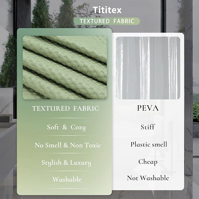 Tititex Solid Sage Green Cloth Fabric Shower Curtain Liner with 2 Magnets - Texture Soft Hotel Quality Waterproof Shower Liner, Light-Weight & Machine Washable 72x78 inch
