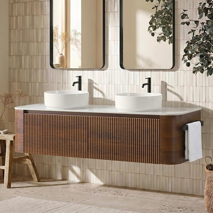 60" Floating Bathroom Vanity with Double White Vessel Sink, Walnut | Pre-Assembled Fluted Wall Mounted Vanity with Ceramic Sink, Sintered Stone Countertop, Soft-Close Drawer & Towel Rack
