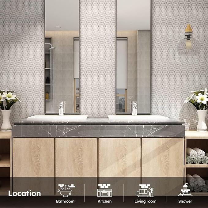 Carrara White Marble Mosaic Tile,1 Inch Hexagon, Honed, 5 Sheets | Natural Bianco Carrera, Marble Stone Backsplash Tiles for Kitchen, Bathroom, Shower Wall and Floor