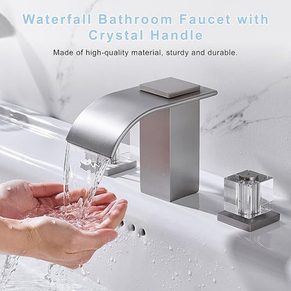 Brushed Nickel Waterfall Bathroom Faucet, 3 Hole Widespread Bathroom Sink Faucet with Crystal Handles, Modern 2 Handle Deck Mount Vanity Lavatory Faucet