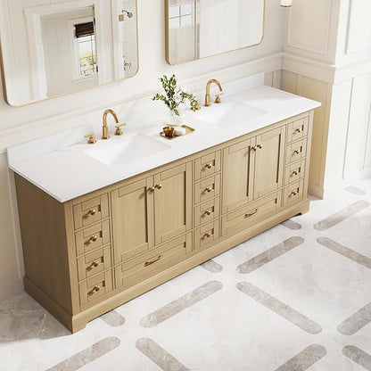 WELLFOR 84 Inch Bathroom Vanity with Double Sinks, Bathroom Freestanding Vanity W/4 Soft-Close Doors and 14 Drawers, Large Storage Space Vanity, Cultured Marble Countertop Vanities (Oak)