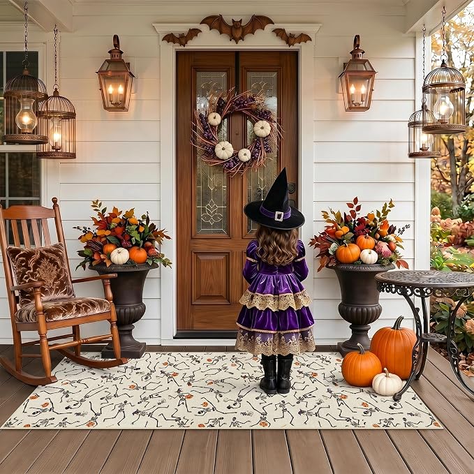 Tribesigns Halloween Runner Rug for Kitchen Non Slip 2x6 Washable Rugs with Rubber Backing, Ultra Thin Skeleton Carpet Runners for Hallways Beside Laundry Bathroom Decor, Beige/2x6