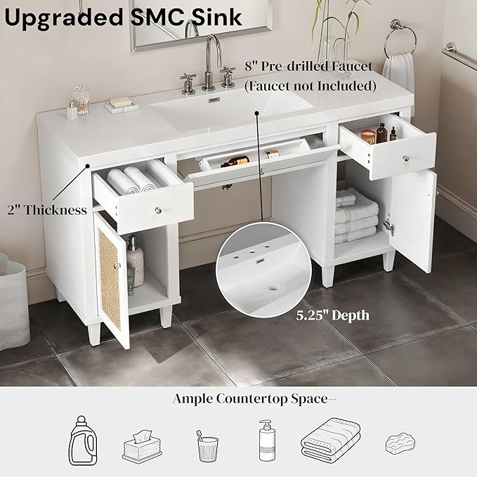 60 Inch White Bathroom Vanity with Single Sink & Integrated Countertop,Large Bathroom Vanity with Rattan Doors,2 Drawers & Storage Cabinets,Gas Spring Tip-Out Tray,Soft Closing System,Solid Wood Legs