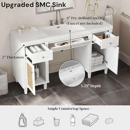 60 Inch White Bathroom Vanity with Single Sink & Integrated Countertop,Large Bathroom Vanity with Rattan Doors,2 Drawers & Storage Cabinets,Gas Spring Tip-Out Tray,Soft Closing System,Solid Wood Legs