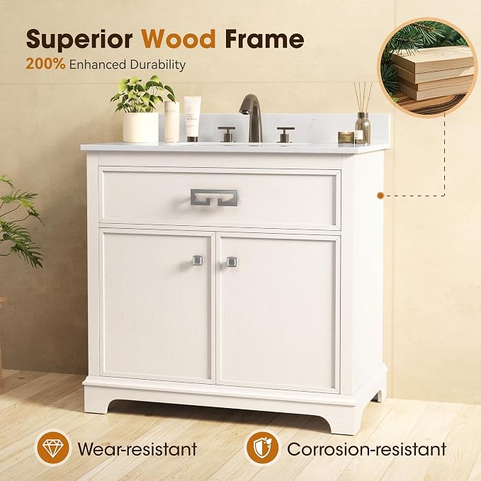 36 Inch Bathroom Vanity with Sink, White | Bathroom Sink Cabinet with Marble Countertop & Backsplash, Soft Closing 2 Doors & 1 Drawer, Adjustable Shelf