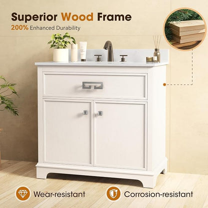 36 Inch Bathroom Vanity with Sink, White | Bathroom Sink Cabinet with Marble Countertop & Backsplash, Soft Closing 2 Doors & 1 Drawer, Adjustable Shelf