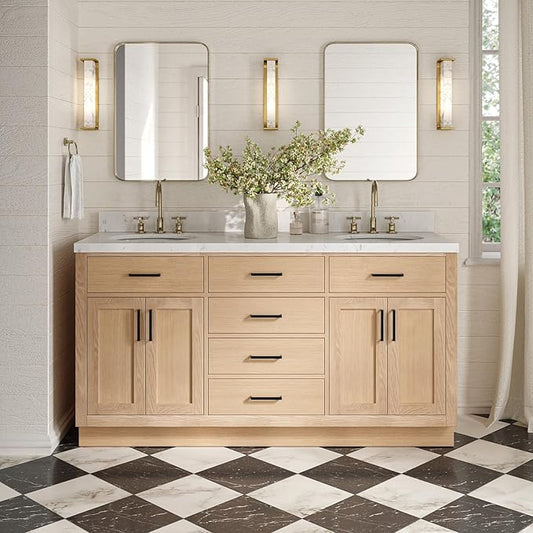 ARIEL Hepburn 66-inch Bathroom Vanity with Sink,Solid Wood, 1.5-inch Carrara White Quartz Countertop & Backsplash, Double Oval Porcelain Sink, 4 Soft Closing Doors, 6 Dovetail Drawers, White Oak