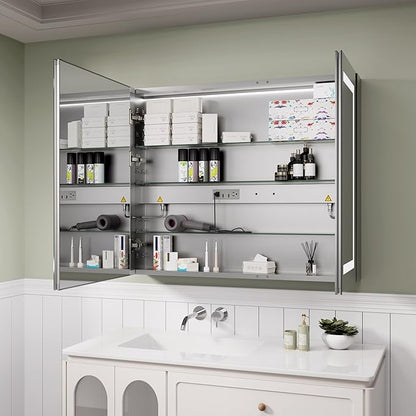 LED Medicine Cabinet Mirror with Lights, 36 x 30 Inch Bathroom Storage, Recessed/Wall Mount, Plug-in/Hardwired, 3 Color Dimmable Light, Anti-Fog, Time Temp Display