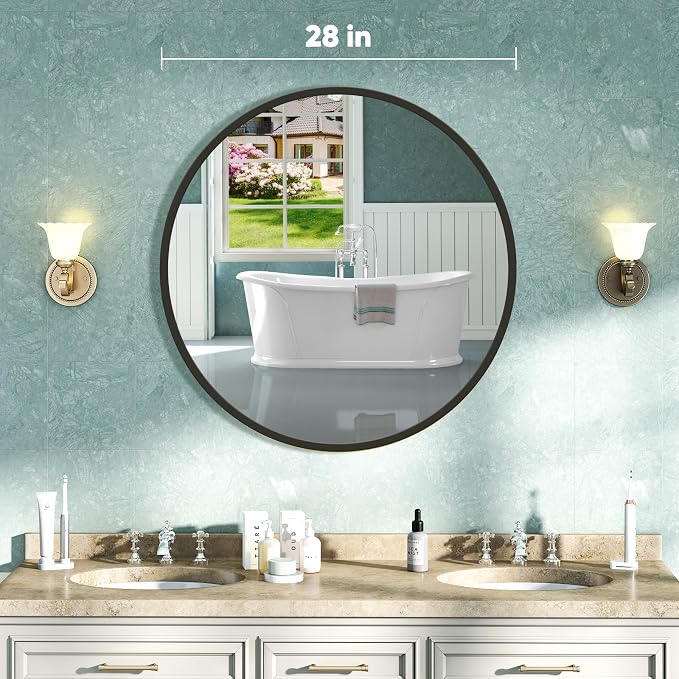 NEWBULIG 28 Inch Round Bathroom Mirror, Wall Mount Vanity Mirror | Circle Mirror for Over Sink, Matte Metal Frame, Entryway Decor, Bedroom Decor, Black