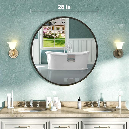 NEWBULIG 28 Inch Round Bathroom Mirror, Wall Mount Vanity Mirror | Circle Mirror for Over Sink, Matte Metal Frame, Entryway Decor, Bedroom Decor, Black