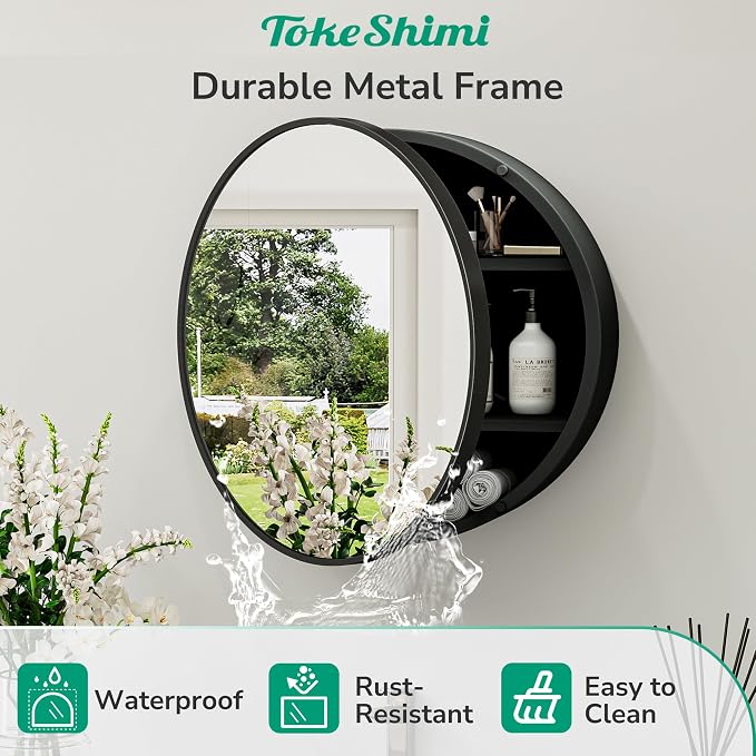 TokeShimi 20 x 20 Round Medicine Cabinet with Mirror, Black Circle Medicine Cabinet for Bathroom with Metal Frame, Detachable Shelves, Shatterproof, Surface Mount Only