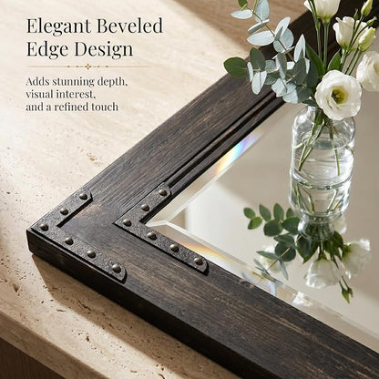 Rustic Black 30x40 Inch Wood Bathroom Vanity Mirror, Rivets | Industrial farmhouse, dark charcoal grain, larger vanities, mantels, living rooms and entry consoles