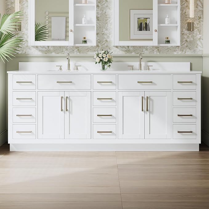 84-Inch Bathroom Vanity with Double Sinks W/ 4 Doors & 12 Drawers & 2 Flip Drawers, White Vanity W/Brushed Nickel Handles