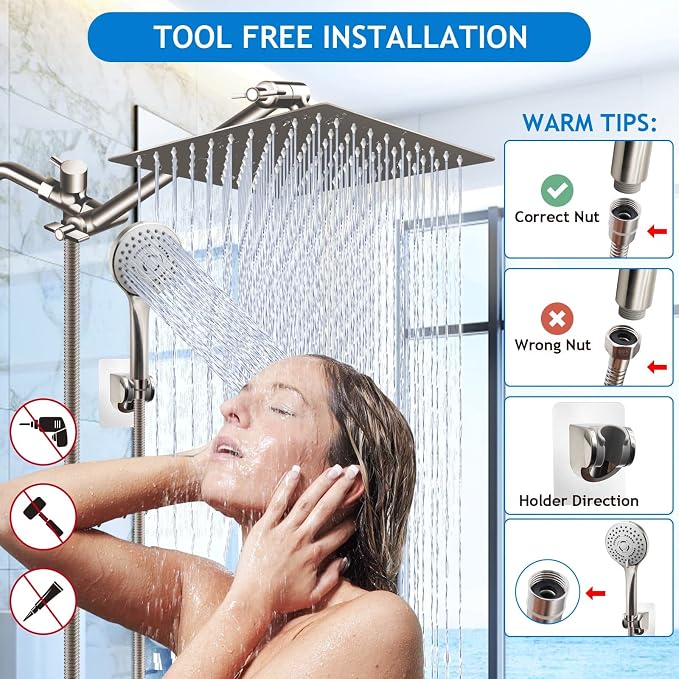 Shower Head Combo,12" Brushed Nickel High Pressure with 11" Extension Arm | Rain Shower Head with 5 Settings Handheld Shower Head Combo,Powerful Shower Spray Against Low Pressure Water