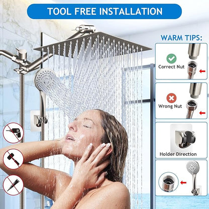 Shower Head Combo,10" Brushed Nickel High Pressure with 11" Extension Arm | Rain Shower Head with 5 Settings Handheld Shower Head Combo,Powerful Shower Spray Against Low Pressure Water