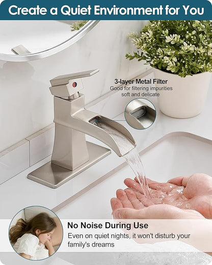 Single Hole Bathroom Faucet 3 Hole (4 Inch), Brass Waterfall Faucet Single Handle, Bathroom Faucets Brushed Nickel Bathroom Sink Faucet with Deck Plate & Pre-Install Hoses Without Pop-up Drain