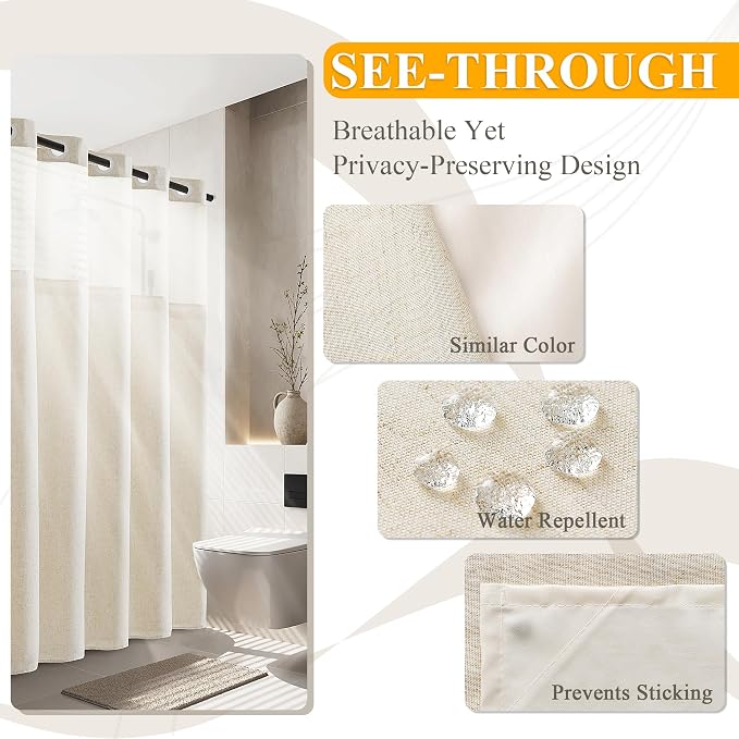 Jowels No Hooks Natural Linen Fabric Shower Curtains for Bathroom 75 Inches | Linen Shower Curtains for Bathroom,Weighted Waterproof Washable Cloth with Liner Set,Mesh Top Window,Hotel Boho Luxury Decor