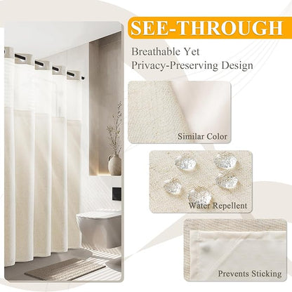 Jowels No Hooks Natural Linen Fabric Shower Curtains for Bathroom 75 Inches | Linen Shower Curtains for Bathroom,Weighted Waterproof Washable Cloth with Liner Set,Mesh Top Window,Hotel Boho Luxury Decor