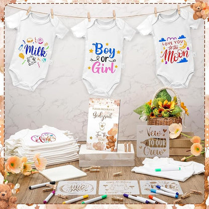 Panitay 126 Pcs Baby Shower DIY Bodysuit Set Bib 25 Blank White Newborn Bodysuit 25 Stencils 24 Marker 1 Sign 50 Pins(Bear)