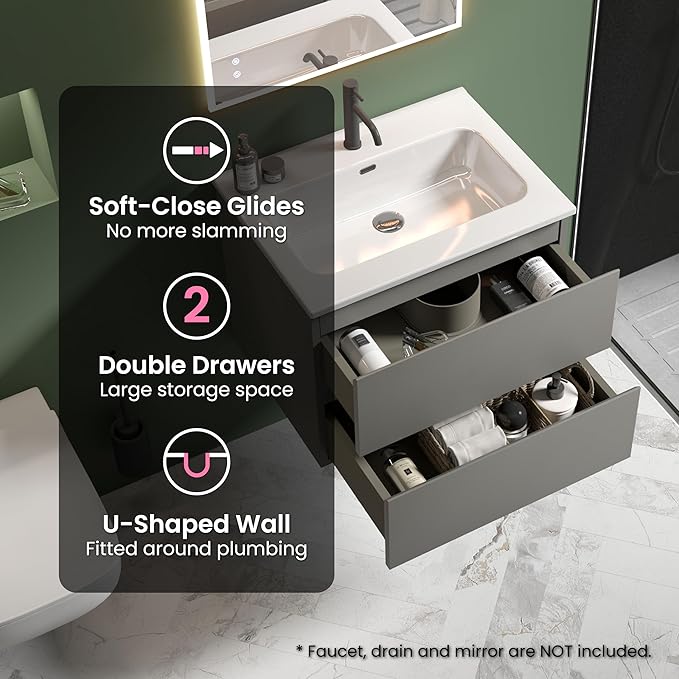 24" Bathroom Vanity with Sink, Modern Floating Vanity with Double Soft Closing Drawers, Large Storage for Small Space, Space Gray, Fully Assembled - Iris Collection