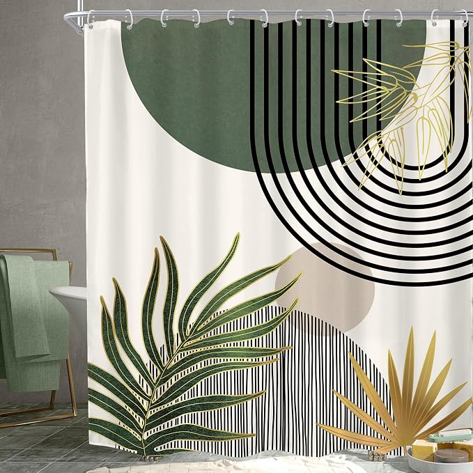 KOMLLEX Mid Century Green Boho Abstract Modern Bathroom Shower Curtain Set | 72Wx84L Gold Plant design, waterproof HD print with fast-drying fabric and 12 hooks.