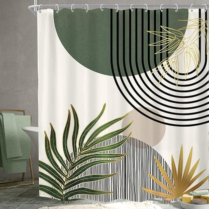 KOMLLEX Mid Century Green Boho Abstract Modern Bathroom Shower Curtain Set | 72Wx84L Gold Plant design, waterproof HD print with fast-drying fabric and 12 hooks.