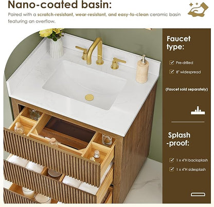 ALTAIR Bathroom Vanity 30 Inch with Sink Mordern Freestanding Single Vanities Brown Large Storge Cabinet with Backsplash Sidesplash Ceramic Countertop Pre-Assembled Bath Fixtures